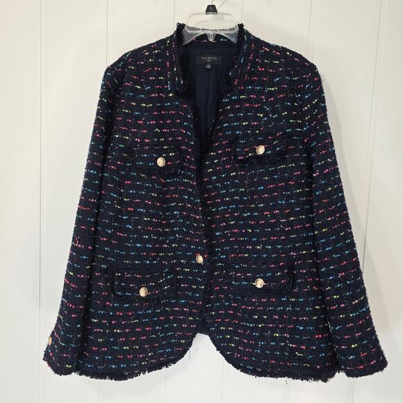 Talbots Multicolor Tweed Jacket Navy Blue Chic Fringe Metallic Plus Size 18W - Picture 1 of 12